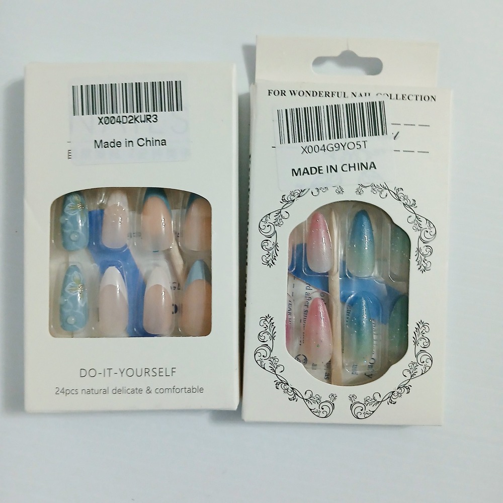 Lot of 2 Press On Nails Almond Floral Blue French Tip & Glitter Ombre Pastel